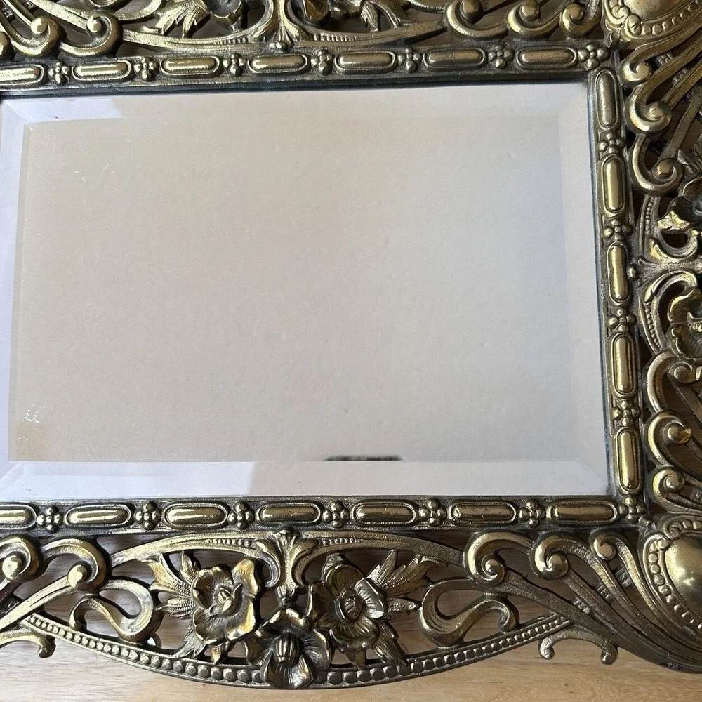 Victorian Antique Art Nouveau Frame Bevel Mirror‎ 16.5x13 Inch Ornate Bronze